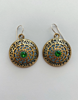 Bronze earrings "Big runic signs" with green crystal