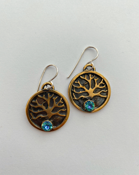 Bronze earrings &quot;Life tree&quot; with crystal