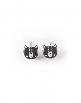 Porcelain earrings "Dark gray cat" with hooks clasp